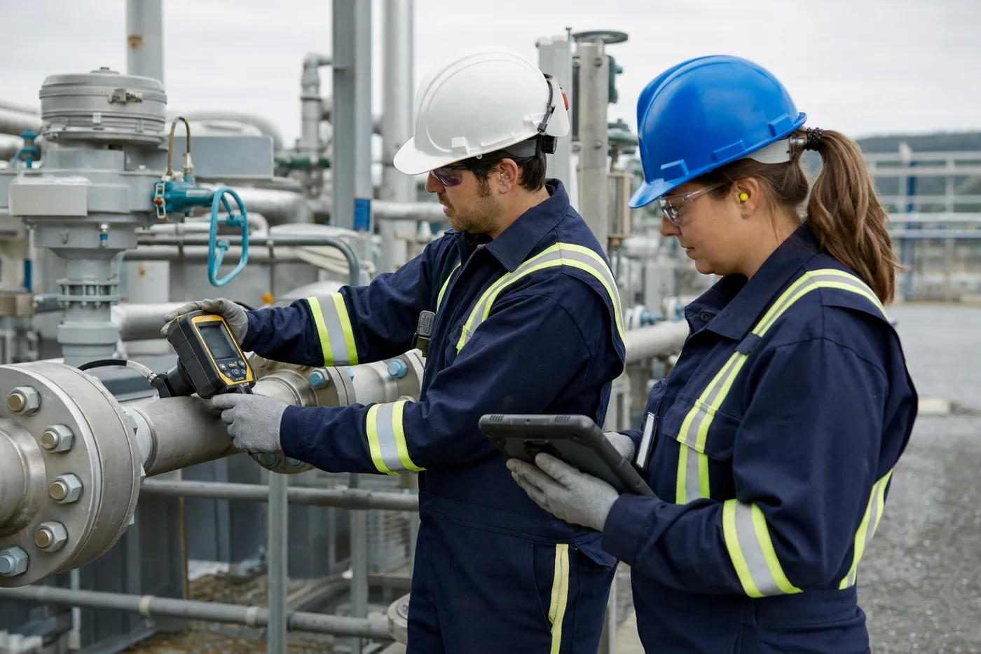 Radiation safety technicians surveying process piping and recording site readings