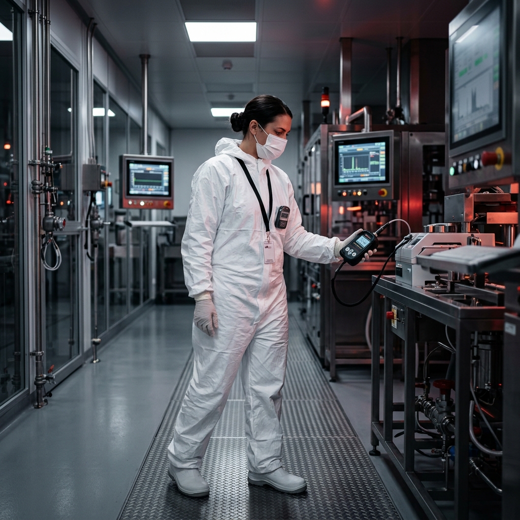 Professional industrial radiation safety technician with modern equipment