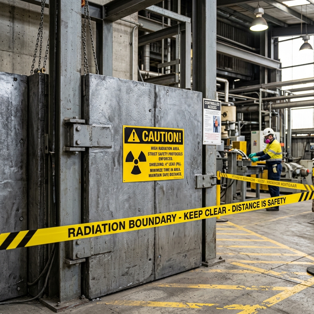 Lead shielding blocks, caution tape, and yellow radiation warning signs at an industrial workspace