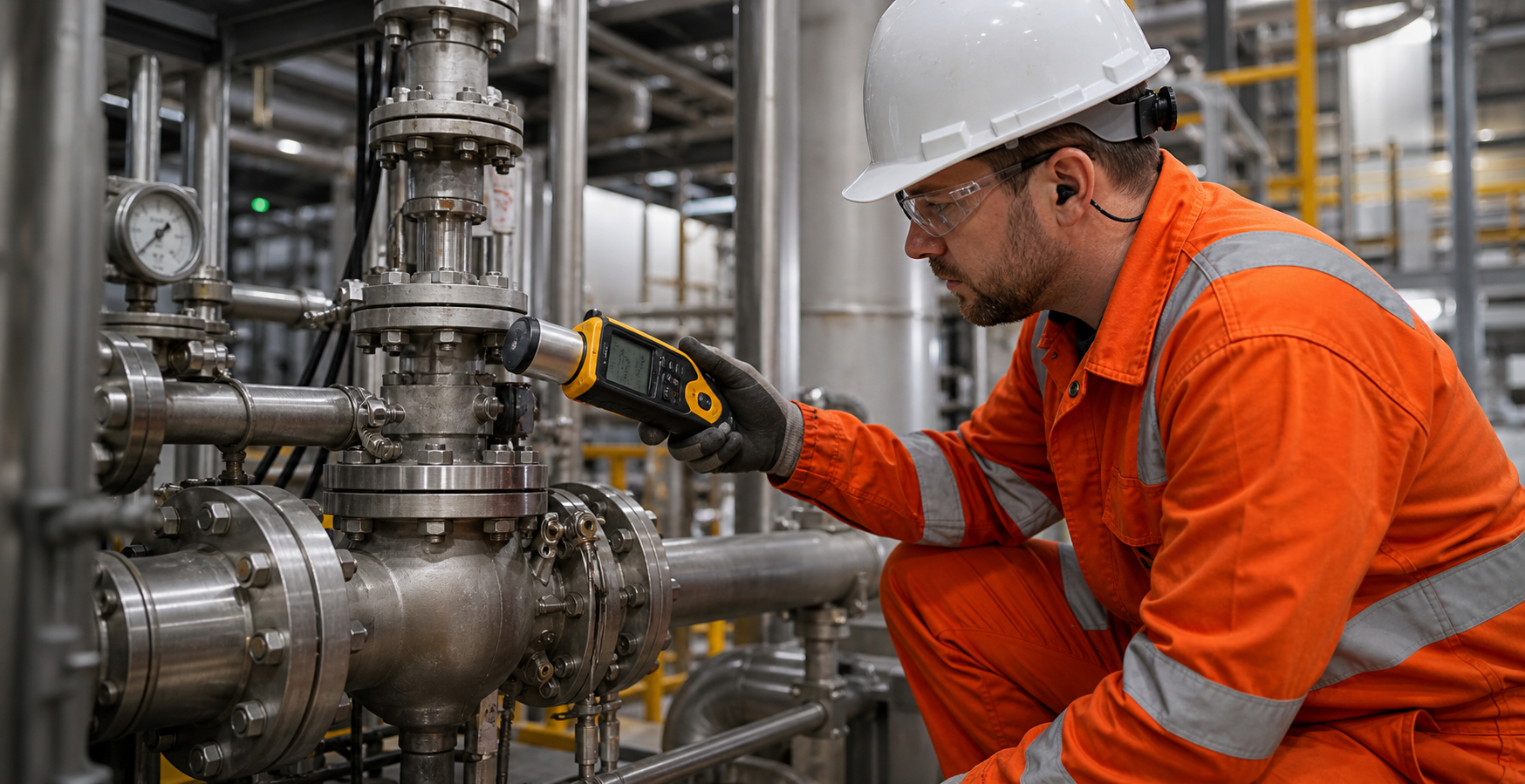 Gamma radiation screening survey being performed on process equipment