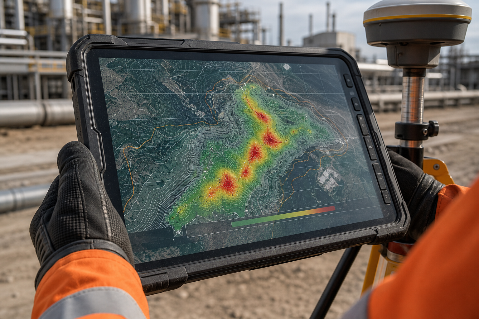 Ruggedized tablet showing a topographical map overlaid with radiation heat-map data