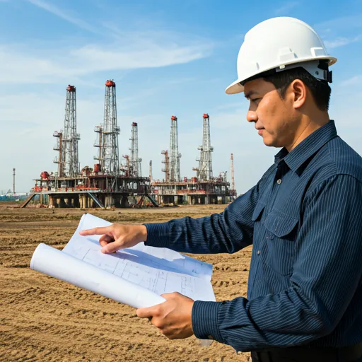 Professional engineer pointing at a technical blueprint on an industrial site with oil rigs in the background under daylight