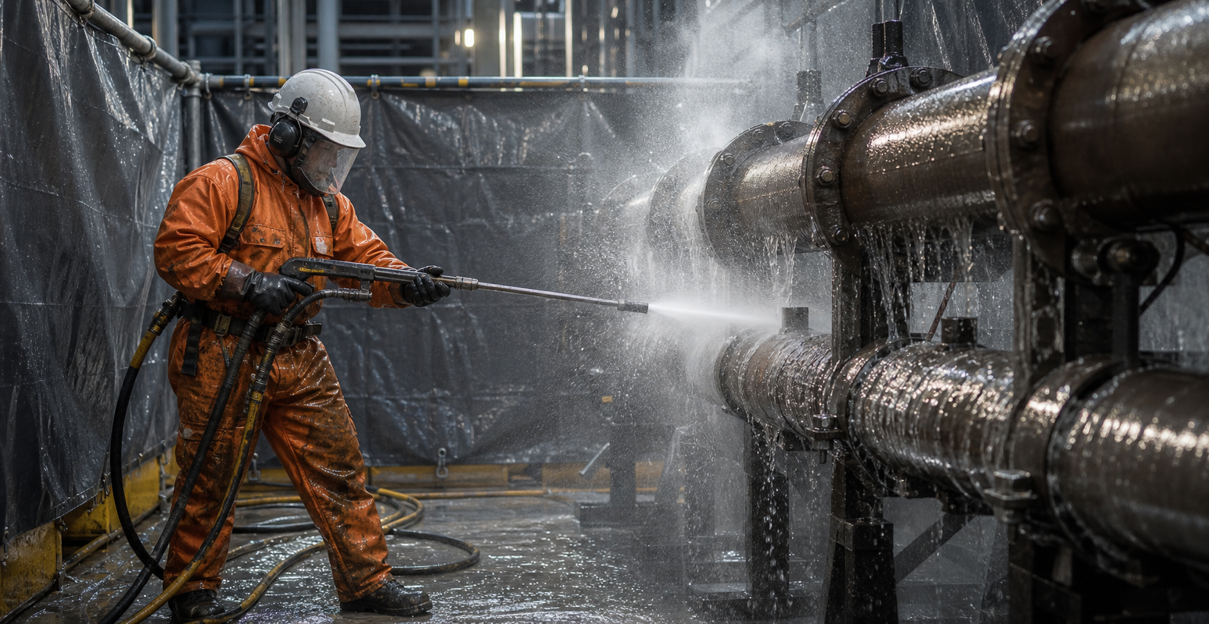 High-pressure hydro-blasting equipment cleaning heavily scaled industrial steel pipes