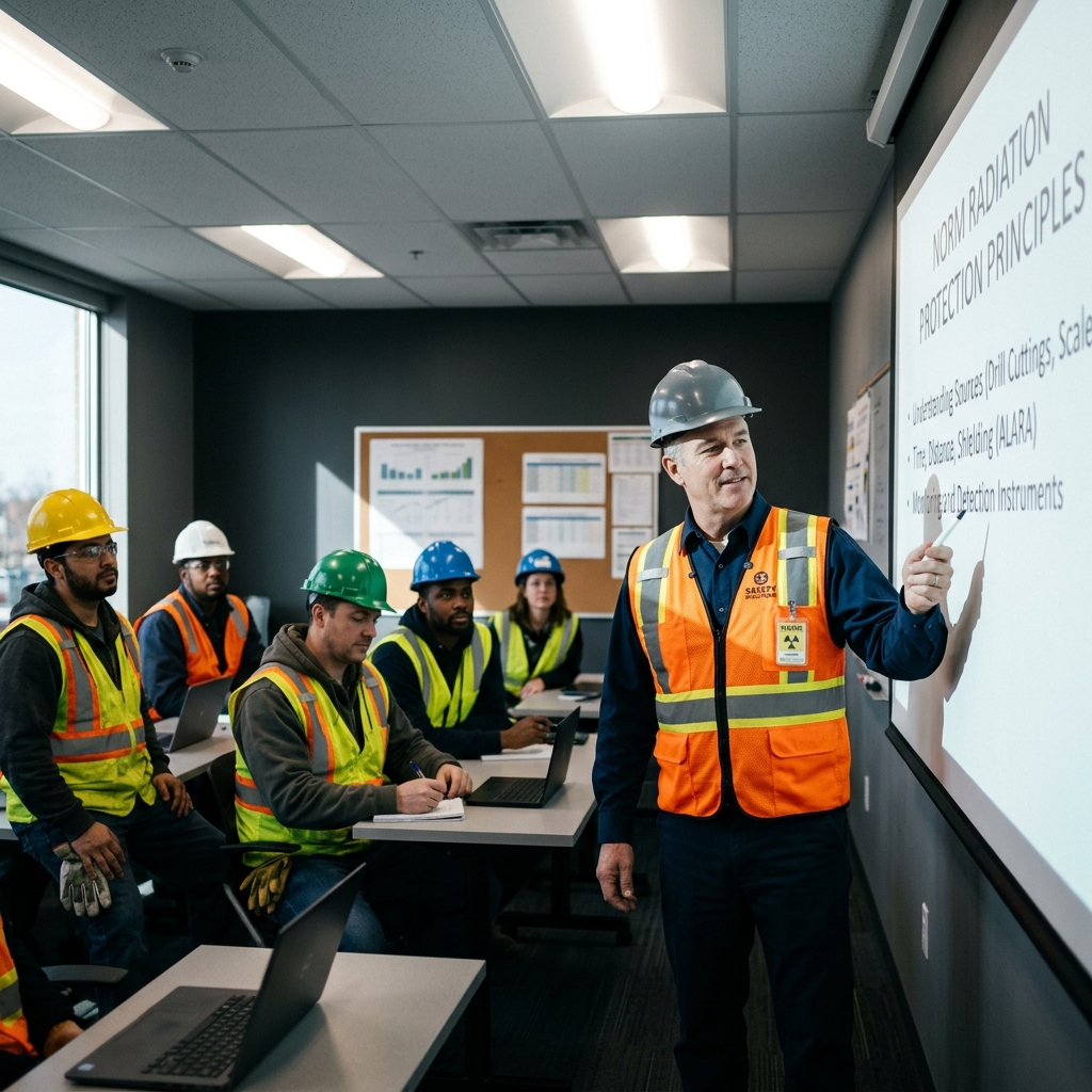 Expert instructor pointing at a technical diagram for attentive workers in a modern industrial classroom