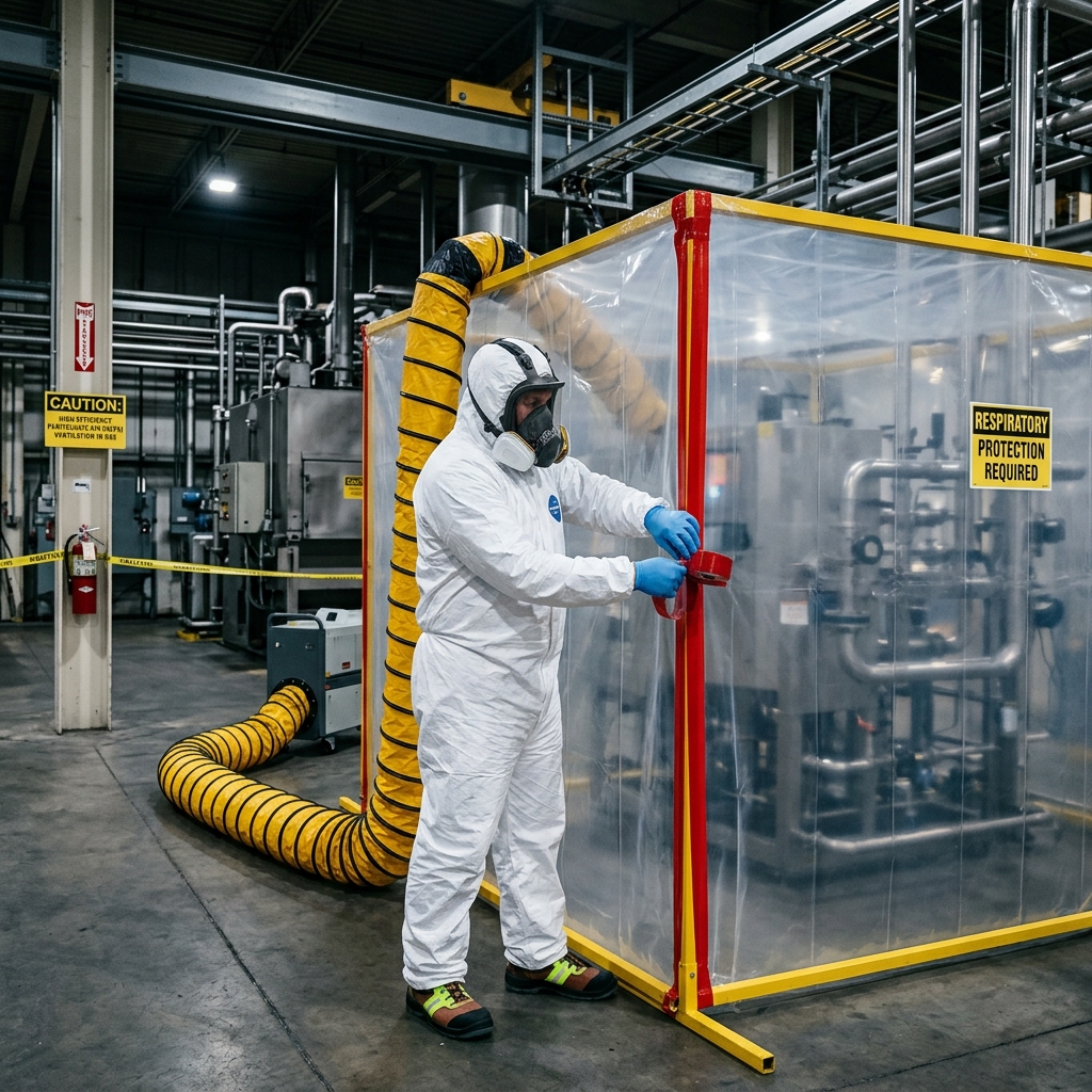 Technician wearing a full-face respirator mask and protective suit setting up ventilation inside a facility