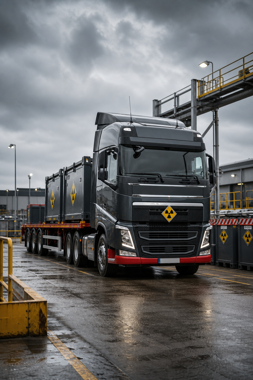 Specialized heavy transport truck in a logistics yard, deep greys with red accents