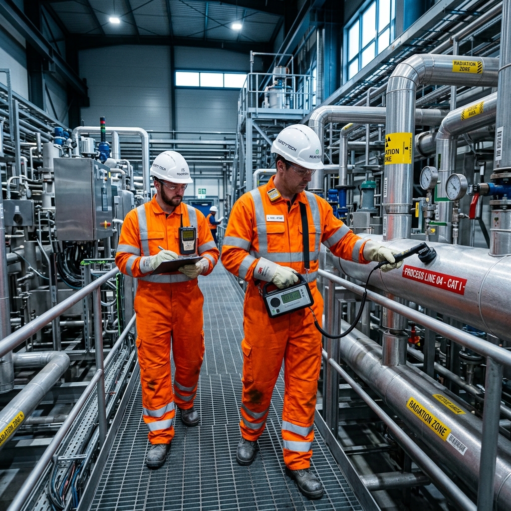 Industrial radiation safety technicians performing NORM survey monitoring in protective gear