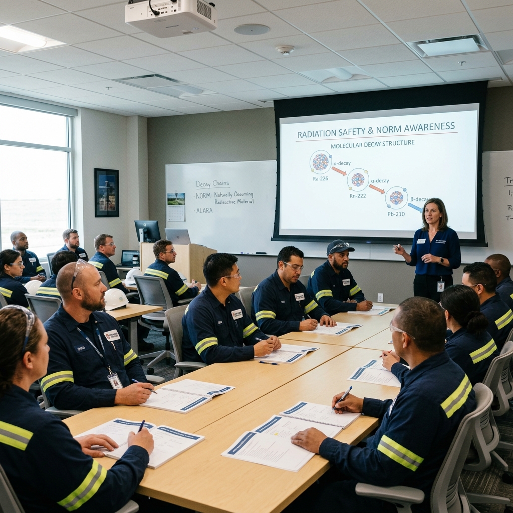 Industrial workers attending a NORM awareness training class featuring atomic decay slides