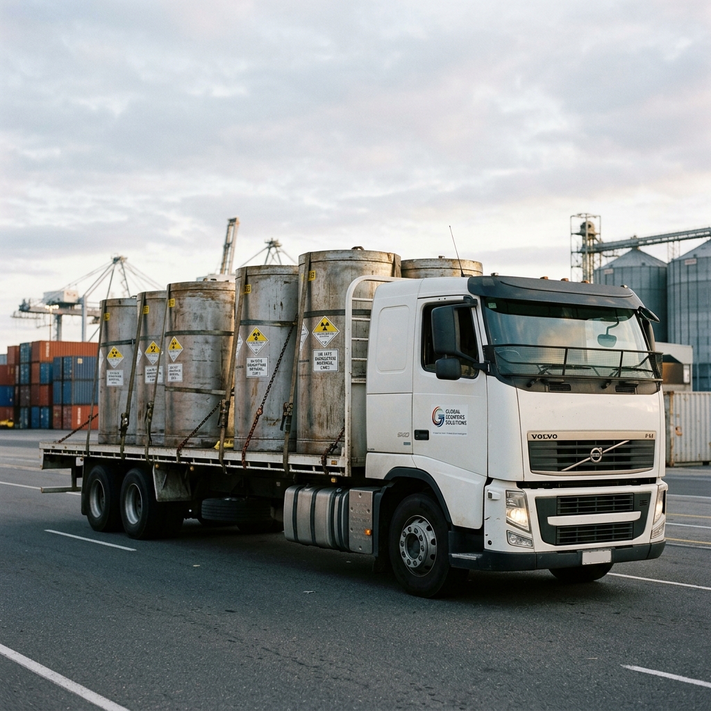 Logistics truck loaded with NORM containment vessels displaying Class 7 radioactive transport labels