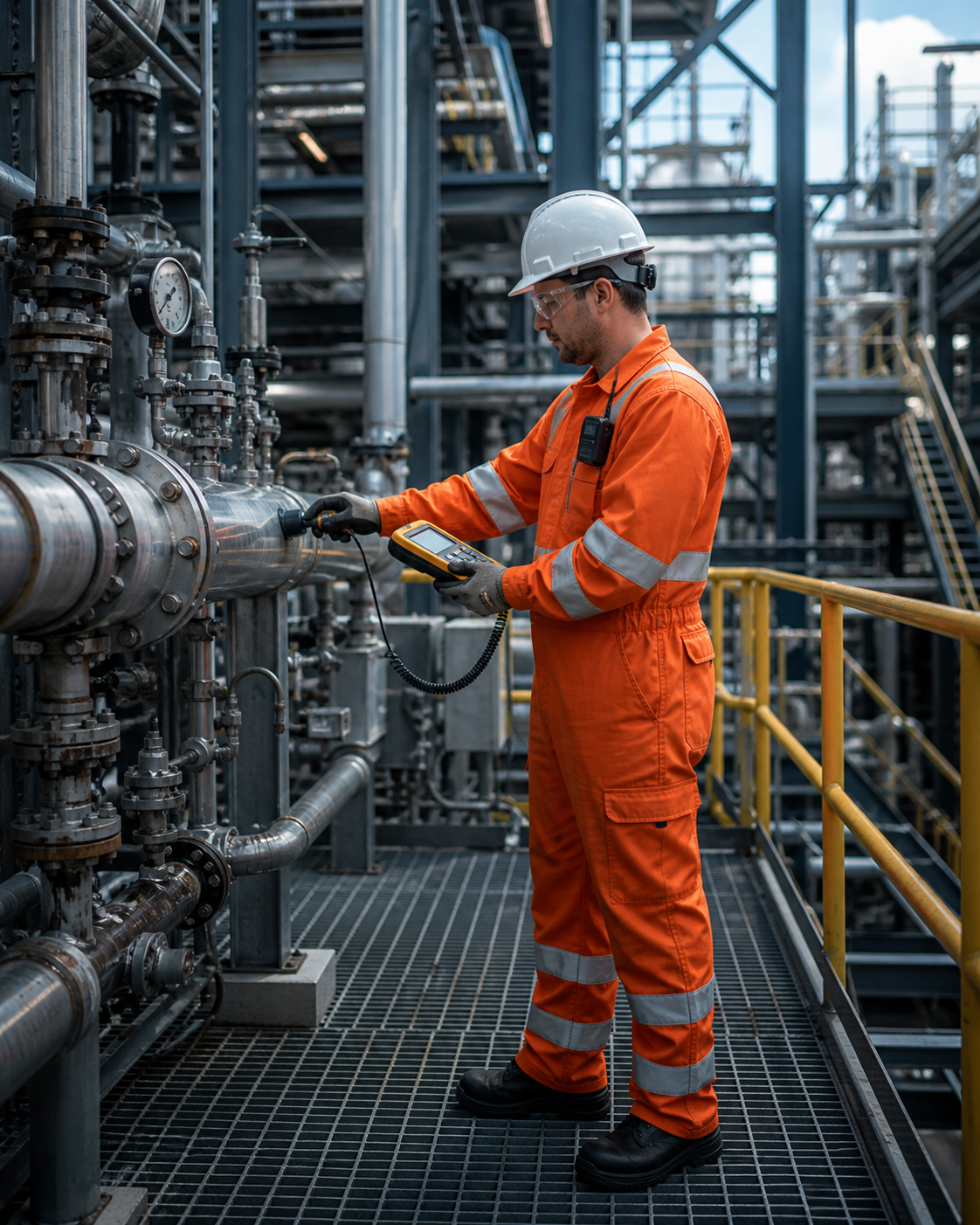 Technician in PPE operating diagnostic radiation equipment in a heavy industrial facility