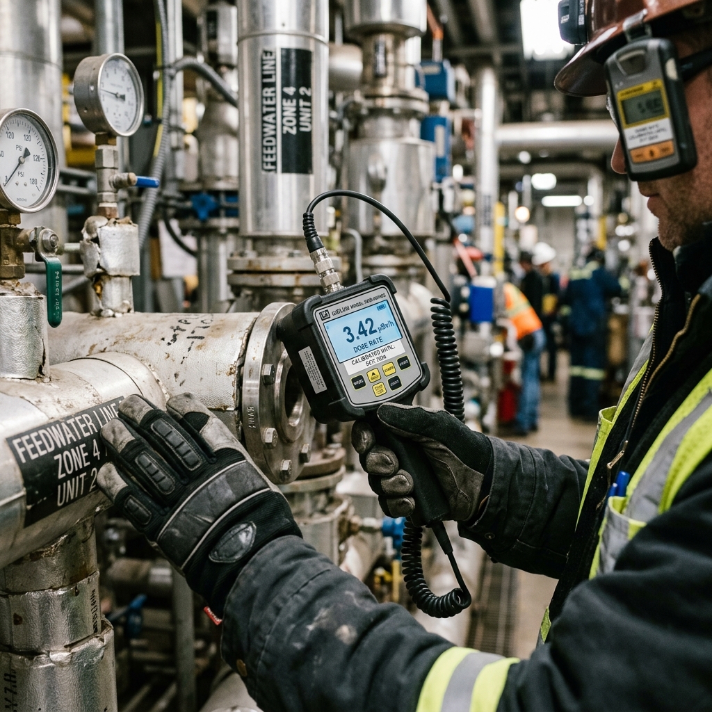 Close-up of a calibrated handheld radiation survey meter scanning industrial assets