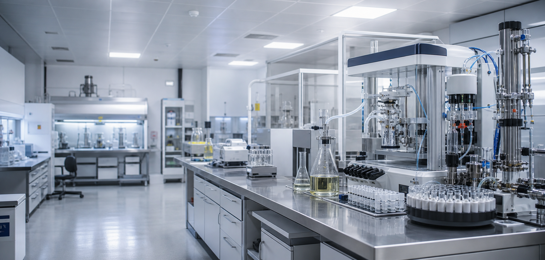 Pristine high-tech radiochemical laboratory with analytical machinery and precision glassware