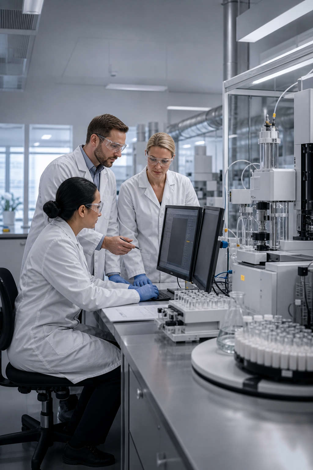 Radiochemical laboratory team reviewing analytical data