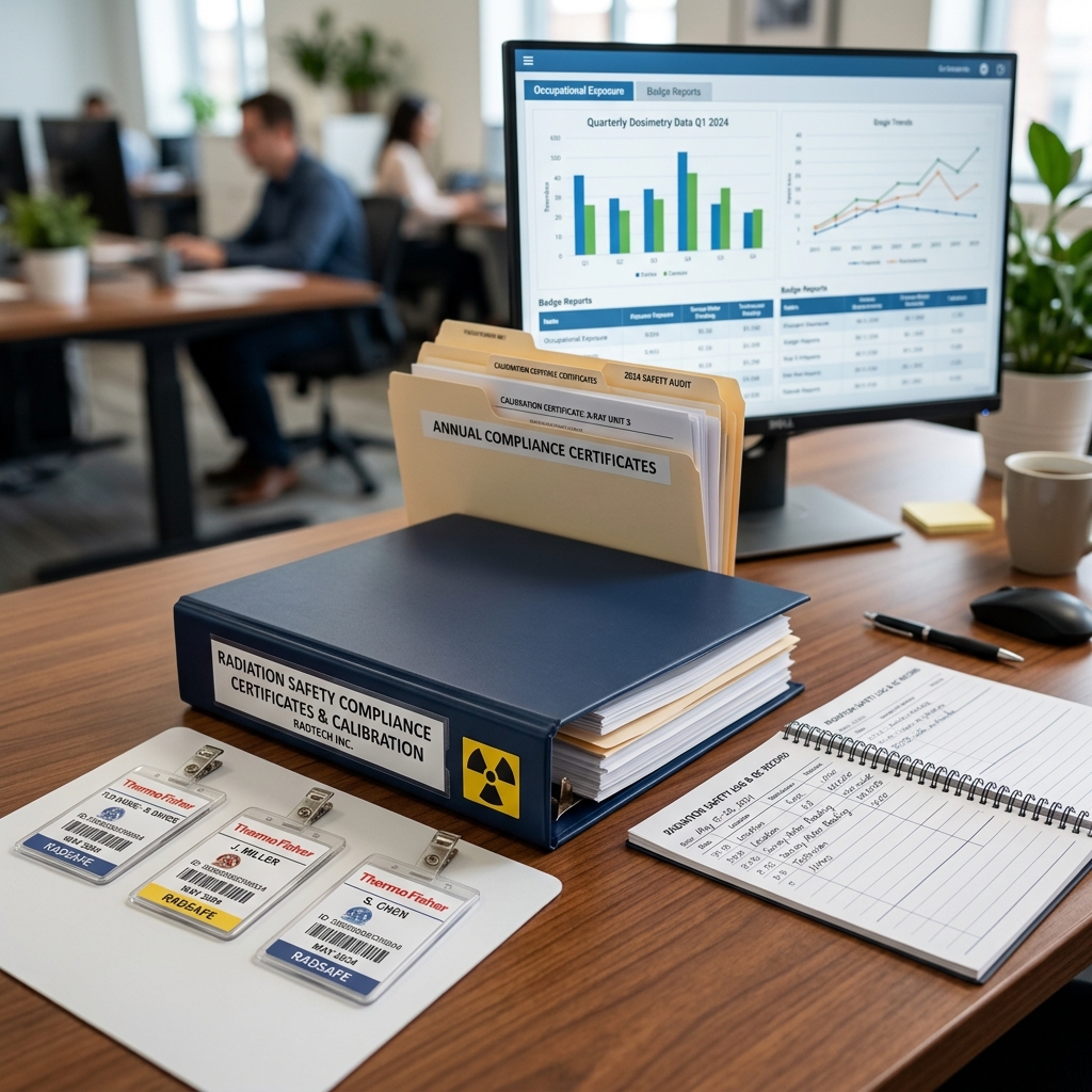 TLD badges and compliance logbooks organized neatly on an office desk
