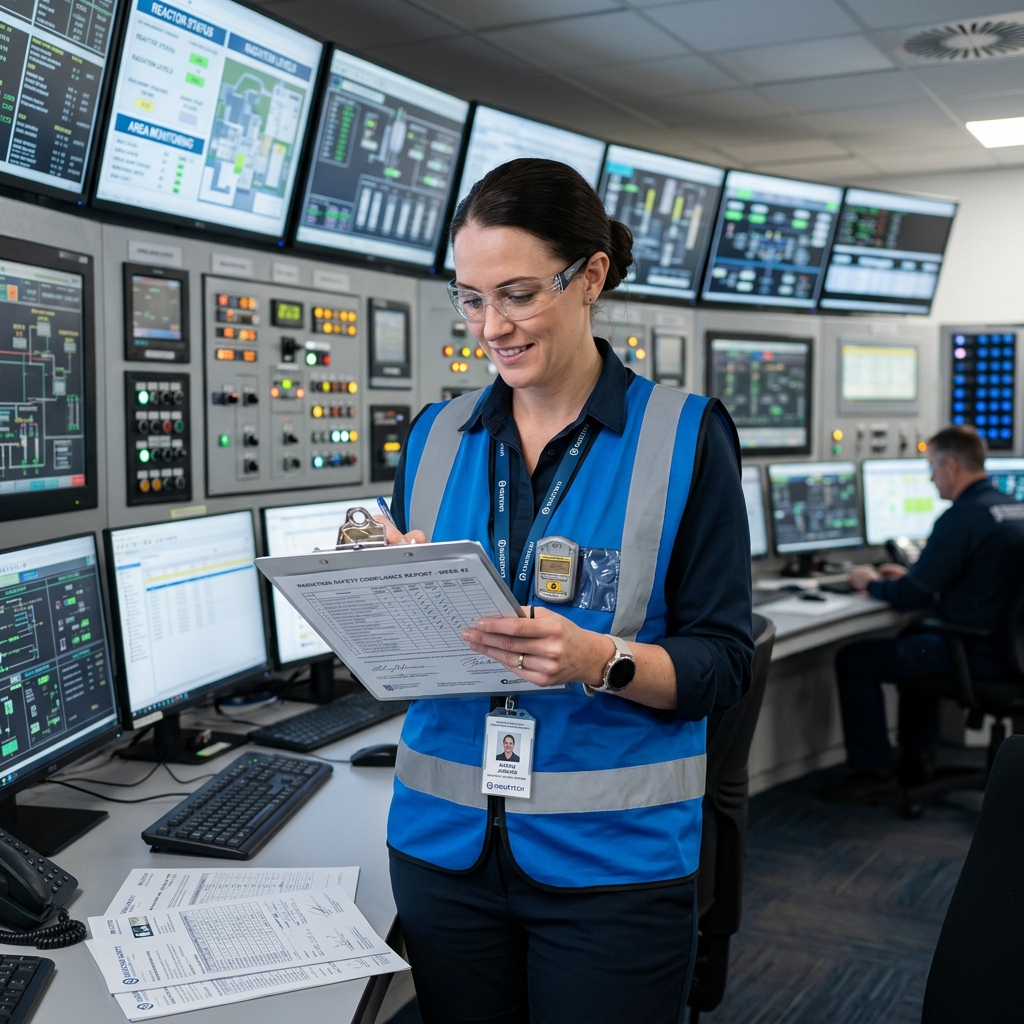 Radiation safety officer in high-visibility safety vest and safety glasses reviewing compliance reports on a clipboard