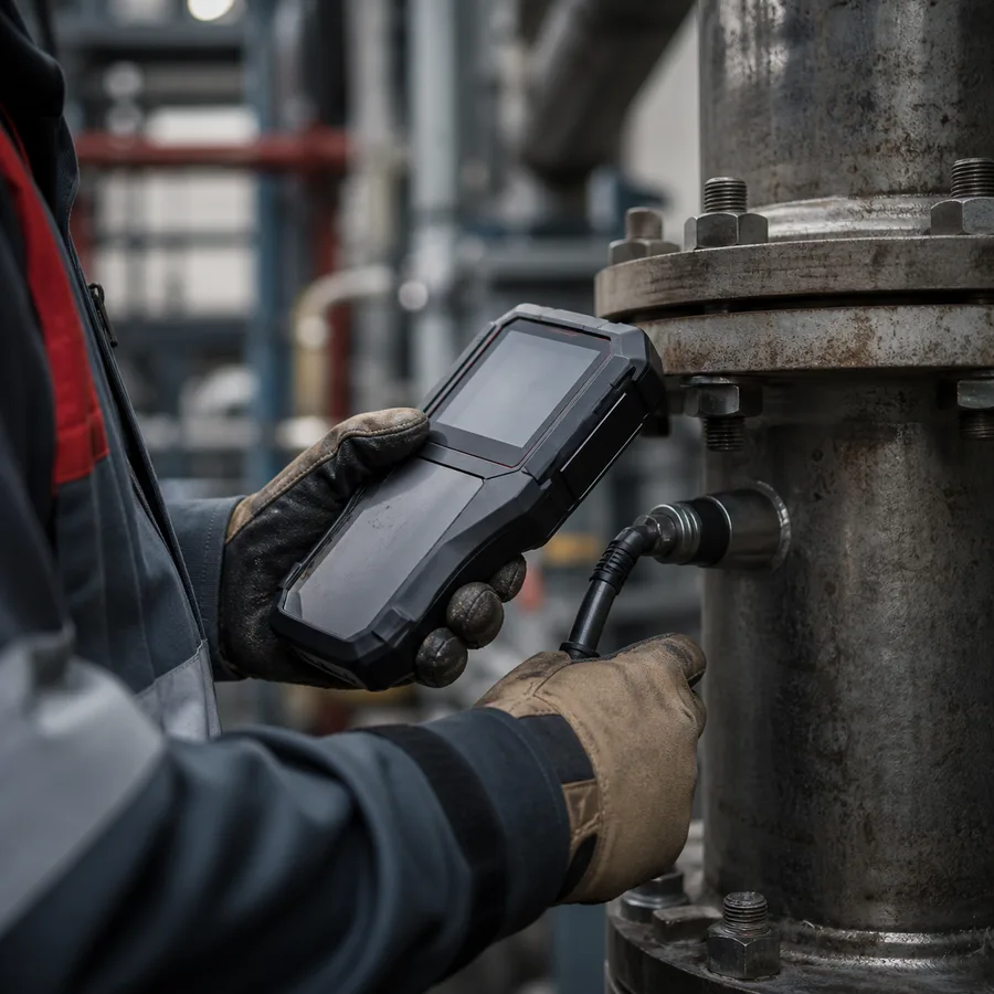 Technician using a handheld radiation survey meter beside industrial process piping