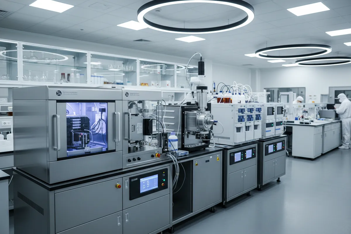 Analytical instrumentation lined up along a bright radiochemical laboratory bench