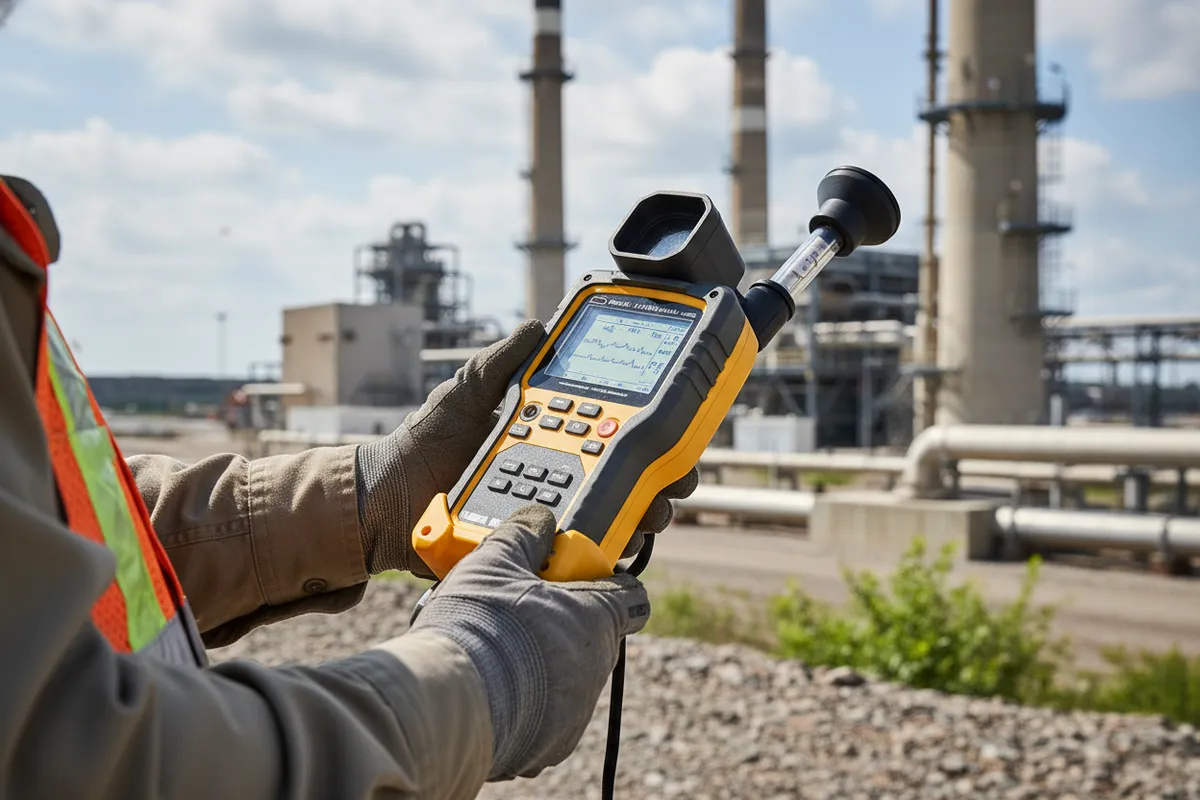 Technician in hi-vis holding a handheld radiation survey meter in front of an industrial plant