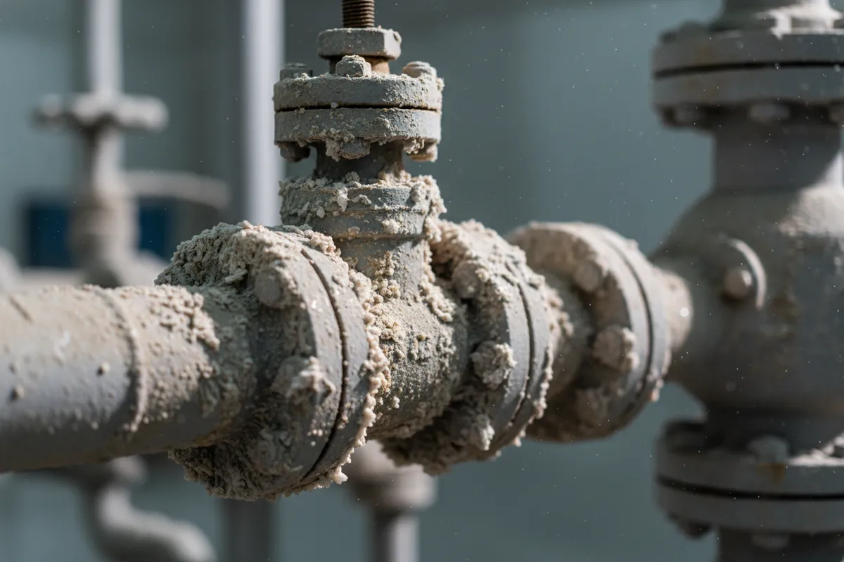 Heavy mineral scale built up on flanged process pipework and a valve body
