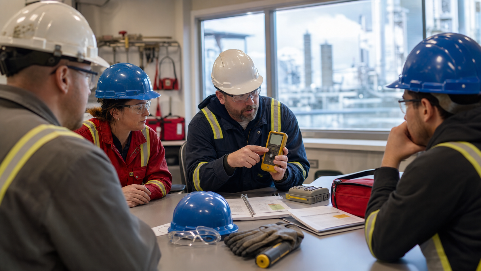 Instructor demonstrating a survey meter during NORM awareness training
