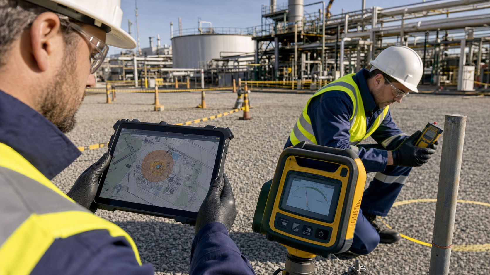 Field technicians practicing radiation surveying with meters and a tablet