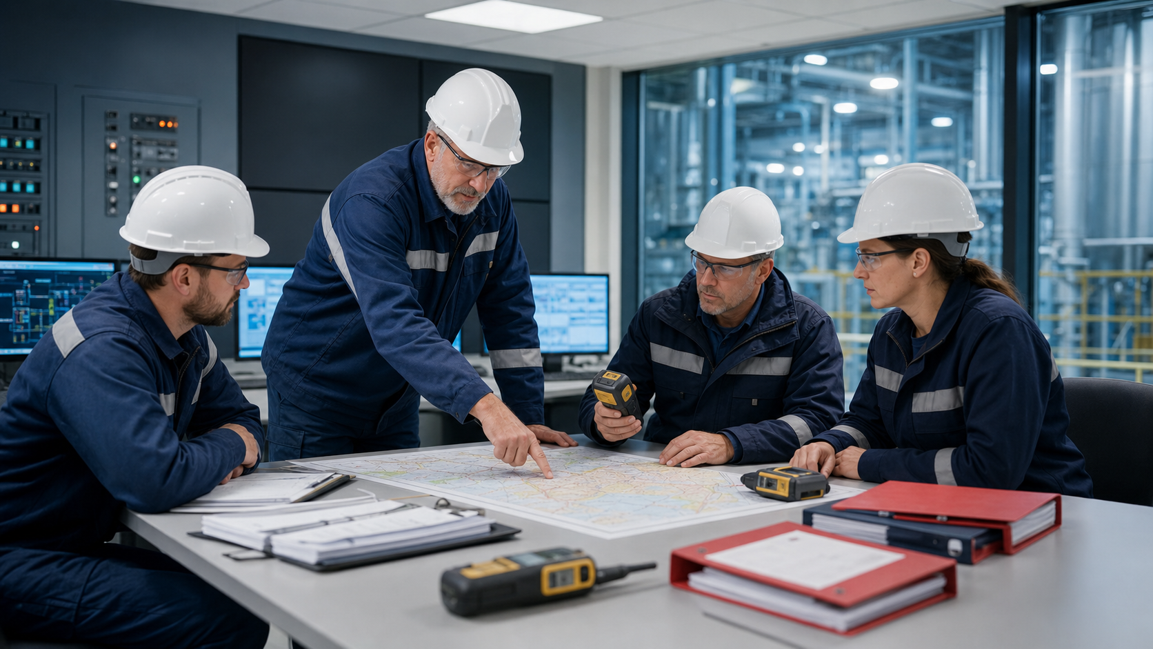 Radiation safety officer trainees reviewing field response plans