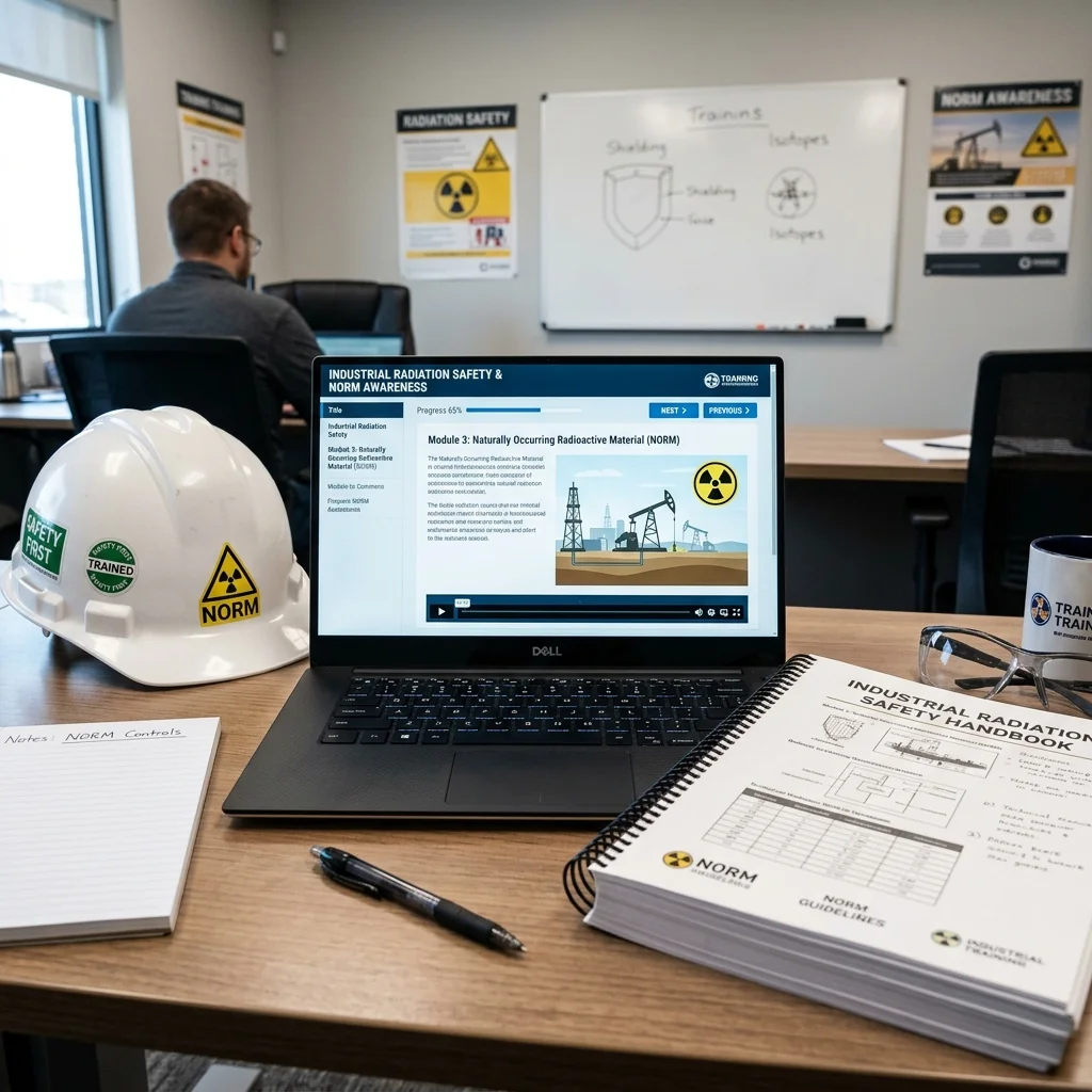 Industrial worker reviewing a modern learning management dashboard on a ruggedized laptop in a control room
