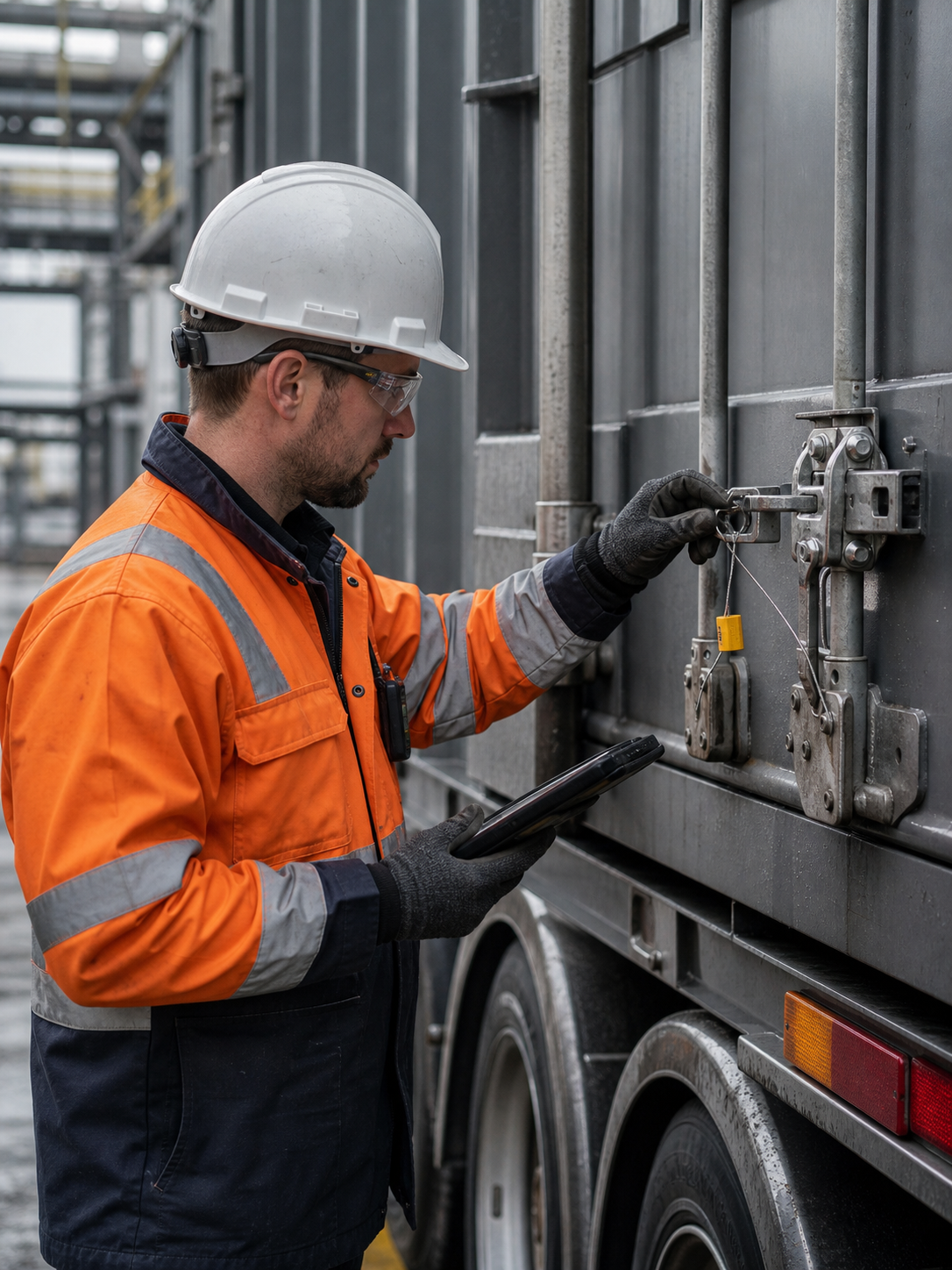 Technician inspecting the secure containment lock of a heavy transport vehicle