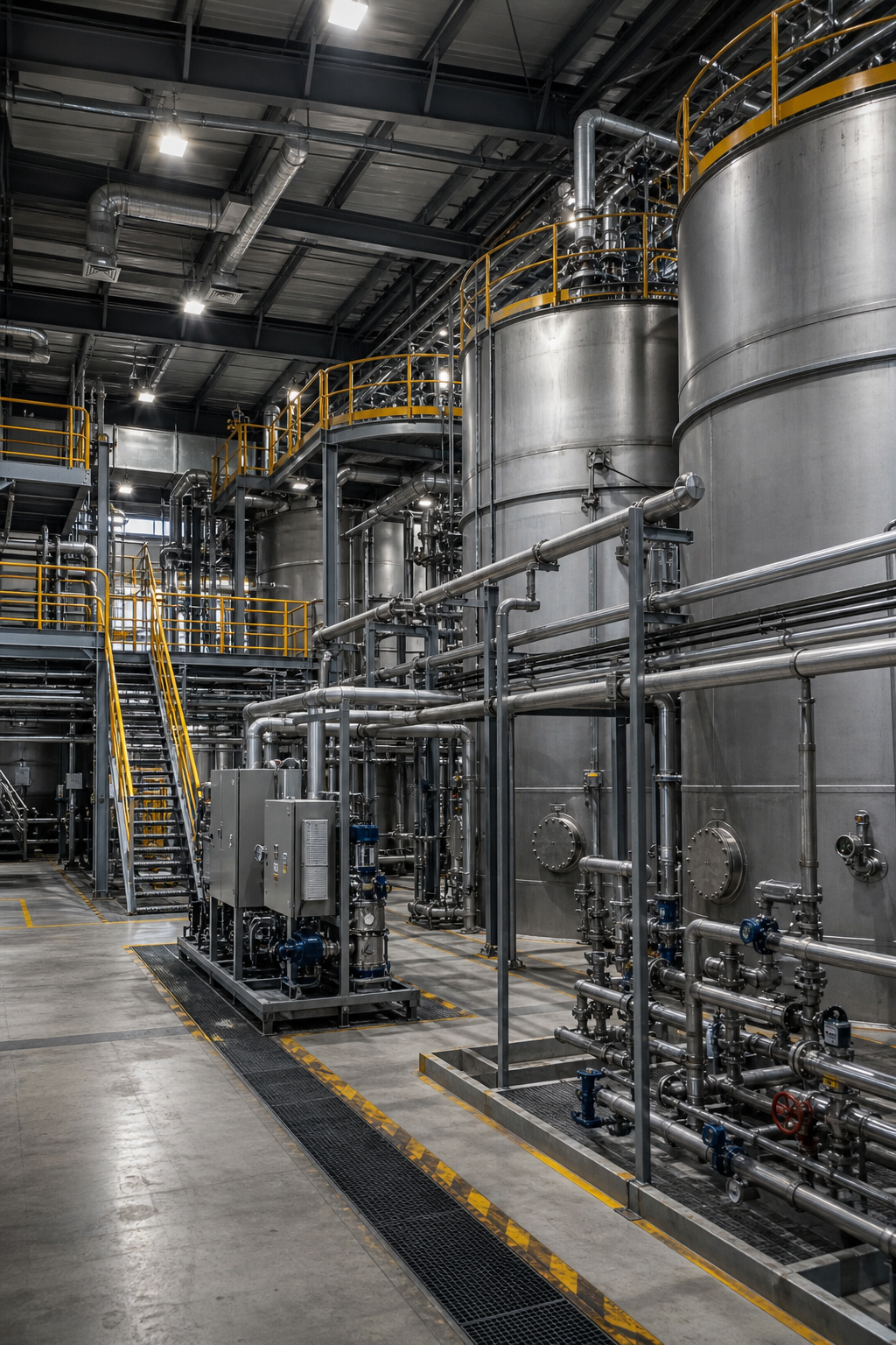 Advanced industrial waste management facility interior with cylindrical tanks and piping